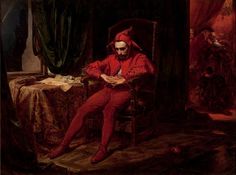 a painting of a man sitting in a chair with his hands on his knees and looking down