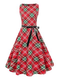 Red 1950s Christmas Plaid Sleeveless Dress – Retro Stage - Chic Vintage Dresses and Accessories Plaid Dress Vintage, Vintage Print Dress, Vestidos Retro, Chinese Princess, 1950s Christmas, Christmas Dress Women, Christmas Dresses, Elegant Party Dresses, Vintage 1950s Dresses