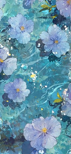 blue flowers are floating in the water