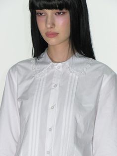 Composition : COTTON 100%Color : WHITECountry of Origin : Republic of Korea White Long Sleeve Blouse With Striped Collar, Classic Top With Striped Collar For Daywear, Classic White Collared Shirt, Classic White Shirt With Collared Neckline, White Collared Top With Placket, White Shirt With Striped Collar For Work, White Collared Blouse With Placket, White Blouse With Collared Neckline And Placket, White Summer Shirt With Striped Collar