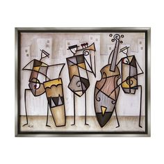 an abstract painting of three people playing musical instruments