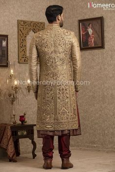 Pakistani Gold Sherwani for Groom with Red Shawl Gold Sherwani, Sherwani For Groom, Groom Sherwani, Indian Groom Wear, Sherwani Groom, Zardosi Work, Red Shawl, Zari Embroidery, Wedding Sherwani