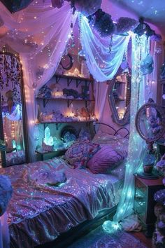 a bedroom decorated in purple and white with fairy lights on the ceiling, bedding and curtains