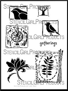 the stencil girl products stamp set is shown in black and white, with different designs