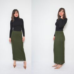 "Vintage 90s knit maxi skirt. Embellished mid sheer dark green long skirt. - Label: Saks - Era: 1990's - Color: green - Fabric: acrylic - Condition very good, clean, no tears, no rips. Ready to wear. - Tag Size:  - Fits: small/medium MEASUREMENTS: *Waist: 26.7\" (68 cm) elastic *Hips: 37\" (94 cm) *Length: 39.4\" (100 cm) Model is 5.7 feet (174 cm) height." Olive Green Long Skirt Outfits, Fitted Green Pencil Maxi Skirt, Green Fitted Maxi Skirt For Winter, Fitted Green Maxi Skirt For Winter, Winter Green Pencil Skirt, Green Winter Pencil Skirt, Green Maxi Skirt Outfit, Straight Skirt Outfits, Khaki Leather Jacket