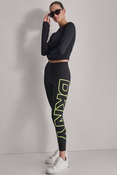 High-rise DKNY logo at side Hem hits at ankle 81% Polyester, 19% Elastane Machine Wash Origin: Imported Style: DP4P3453 | DKNY Women's High Waist 7/8 Exploded Logo Leggings in Zest Size Small Luxury Stretch Sporty Leggings, Black Sporty Activewear With Logo Print, Compressive Spring Sports Leggings, Luxury Black Sporty Leggings, Dkny Tshirt, Fall Sports, High Waisted Leggings, Sport Fashion, Tights