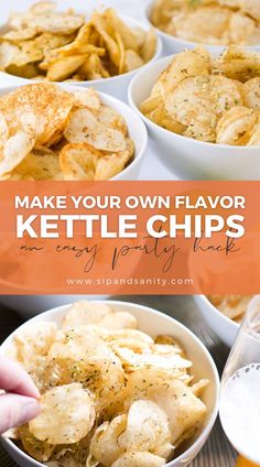 a bowl filled with potato chips next to other bowls full of dips and sauce