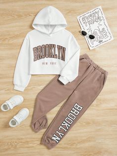 Khaki Casual Collar   Letter  Embellished Slight Stretch  Tween Girls Clothing Clothes For 13 Yrs Old Girl, 6th Grade Outfits, Outfits Sporty, Cute Middle School Outfits, Hoodie And Sweatpants, Teenage Girl Outfits, Trendy Outfits For Teens