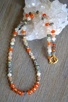 Juicy Opal and Moonstone Necklace - OpalOra Jewelry Luxury Orange Gemstone Bead Necklaces, Luxury Carnelian Beaded Necklace With Natural Stones, Cord Necklace Fire Mountain Gems And Beads, Luxury Multicolor Carnelian Beaded Necklaces, Luxury Orange Spiritual Beaded Necklaces, Luxury Orange Spiritual Beaded Necklace, Luxury Carnelian Gemstone Beads Necklace, Luxury Spiritual Orange Beaded Necklace, Pumtek Beads Necklace