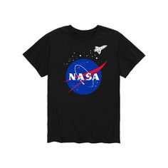 the nasa t - shirt is black and has an image of a space shuttle on it