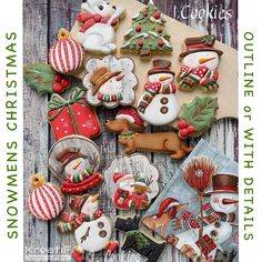 an assortment of christmas themed cookies on a table