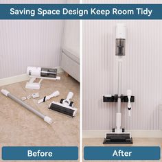 two pictures showing different types of cleaning equipment and the same type of mop on the floor