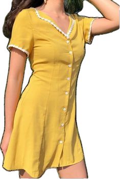 Cute Fitted Yellow Dress, Yellow Summer Dresses With Buttons, Yellow Buttoned Summer Dresses, Cute Yellow V-neck Dress, Cute Yellow V-neck Mini Dress, Yellow Short Sleeve Mini Dress, Yellow Buttoned Knee-length Dress, Yellow Knee-length Buttoned Dress, Yellow Buttoned Mini Dress For Spring