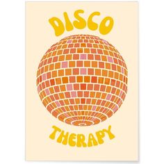 a poster with the words disco therapy on it's front and bottom corner, in yellow