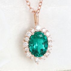 Oval emerald necklace rose gold emerald halo diamond drop pendant necklace la more design jewelry Green Sapphire Necklace, Green Emerald Necklace, Ruby Diamond Pendant, Ruby Diamond Necklace, Green Gemstone Necklace, Black Diamond Pendant, Diamond Drop Pendant, Ruby And Diamond Necklace, Gold Drop Necklace