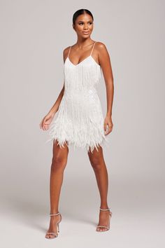 LOTTIE White Embellished Dress | NADINE MERABI White Fringe Dress Nashville, Lottie Dress, White Beaded Dress, Nadine Merabi, Cotton Loungewear, Outfit Jeans, Feather Dress, Cotton Coat, Long Sleeves Coats