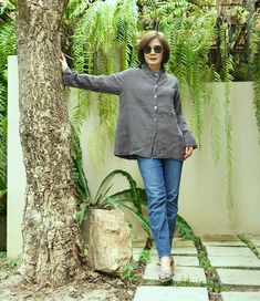 "A soft comfy chic boho long sleeve blouse jacket cardigan. Double gauze cotton blouse, featuring band collar and long sleeve styling, front button opening design, fitted length and soft wearing design. Perfect for spring and autumn. Material: 100% light double gauze cotton with light cotton lining Model is 161 cm. tall with 28\" waist and 38\" hip Status: ready to ship Weight: 318g Measurement: Blouse (approximatelyly) Shoulder: 15.5\" Bust: 43\" can fit up to bust max 39\" Armhole: 20\" Sleeve Winter Cotton Blouse With Button Closure, Winter Cotton Button-up Blouse, Long Sleeve Cotton Blouse For Fall, Winter Cotton Blouse With Buttons, Lagenlook Long Sleeve Top With Buttons, Lagenlook Long Sleeve Blouse For Fall, Lagenlook Blouse For Workwear In Fall, Non-stretch Long Sleeve Winter Blouse, Fall Lagenlook Blouse For Work