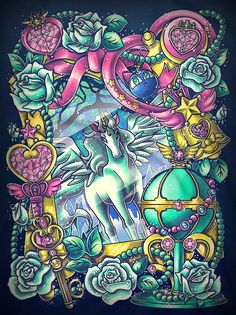 a drawing of a unicorn surrounded by flowers and other things on a black shirt with blue background