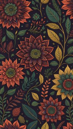 an image of flowers and leaves on a black background with red, green, yellow and orange colors