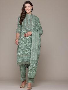 Floral Printed Thread Work Pure Cotton Kurta With Palazzos & Dupatta PRODUCT DETAILS  Green printed Kurta with Palazzos with dupatta Kurta design: Floral printed Straight shape Regular style Mandarin collar, three-quarter regular sleeves Thread work detail Calf length  with straight hem Pure cotton machine weave fabric Palazzos design: Printed Palazzos Elasticated waistband Slip-on closure Size & Fit The model (height 5'8) is wearing a size S Material & Care Pure Cotton Machine Wash Specificatio Traditional Printed Green Palazzo Set, Traditional Green Printed Palazzo Set, Printed Green Lawn Suit For Festivals, Festival Printed Green Lawn Suit, Printed Semi-stitched Straight Kurta Set, Festival Cotton Unstitched Printed Suit, Festival Cotton Printed Unstitched Suit, Semi-stitched Green Block Print Sets, Green Block Print Semi-stitched Sets