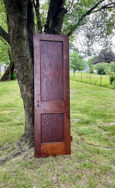 a large wooden door sitting next to a tree in the middle of a grass field