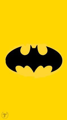 the batman symbol is shown in black and yellow on a yellow background, with an orange border