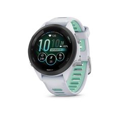 the garmin smart watch is shown in white and mint green colors, with an electronic display