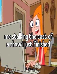 a woman sitting in front of a computer with the caption me stalking the cast of a show i just finished