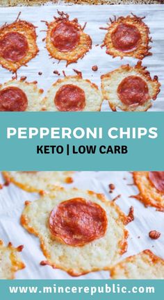 pepperoni chips keto low carb on a baking sheet with text overlay