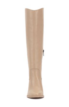 Smooth, polished leather forms the upper of this knee-high boot set atop a slightly curved block heel. 2 3/4" heel 15 1/4" shaft; 14 1/2" regular calf circumference 15 1/4" shaft; 16" wide calf circumference 15 1/4" shaft; 17" extra-wide calf circumference Leather upper/synthetic lining/rubber sole Imported Beige Leather Knee-high Boots With Comfort Fit, Beige Leather Knee-high Boots Medium Width, Beige Leather Knee-high Heeled Boots, Beige Knee-high Heeled Boots For Formal Occasions, Beige Knee-high Heeled Boots For Formal Events, Beige Leather Knee-high Boots For Work, Beige Leather Heeled Boots With Wide Calf, Wide Calf, Closet Staples