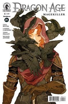 the cover to dragon age magazine featuring a woman with birds on her shoulder and head