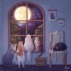 three cats sitting on a window sill looking out at the night sky