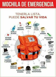 an orange backpack with the words mochila de emergecia in spanish on it