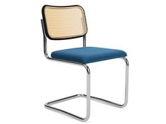 an office chair with a blue seat and chrome frame, viewed from the front angle