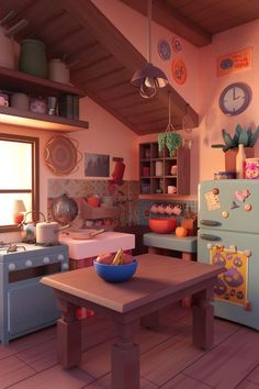 a kitchen with an old fashioned refrigerator and wooden table in it's center area