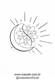 a black and white drawing of a flower on top of a half moon with rays coming out