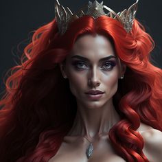 a woman with long red hair wearing a tiara