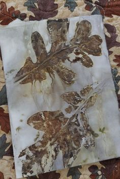 an image of some leaves on a quilted tablecloth with brown and white colors