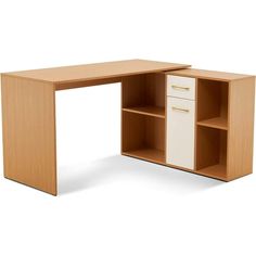 an office desk with two open shelves on the top and one closed drawer at the bottom