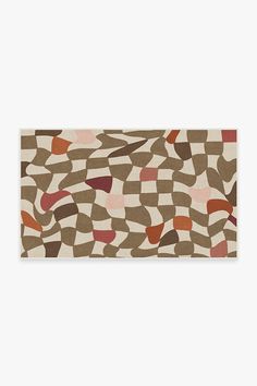 an abstract rug with various shapes and colors on it's surface, including brown, pink