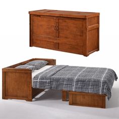 a bed with a wooden headboard and foot board next to a small dresser unit