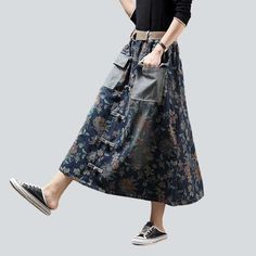 Introducing the 2023 Spring-Summer Collection's cargo jeans skirt with flowers a fresh take on urban flair that is sure to make you stand out! This tall-waisted. long. and painted piece is the perfect blend of contemporary trendy and nostalgic grunge. with a unique distressed pattern and rubber closure for maximum comfort and style.Why It's A Must-Have Grunge Vibes: Embrace the '90s vibe without compromising on sophistication. Distinctive Design: The unique distressed pattern and rubber closure Summer Denim Bottoms With Floral Patchwork, Trendy Summer Denim Skirt With Cargo Pockets, Trendy Denim Skirt With Cargo Pockets For Summer, Trendy Denim Blue Cargo Skirt For Spring, Trendy Spring Denim Blue Cargo Skirt, Trendy Spring Cargo Skirt, Casual Long Skirt With Floral Patchwork, Trendy Spring Denim Skirt With Cargo Pockets, Trendy Denim Skirt With Cargo Pockets For Spring