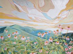 a painting of flowers and mountains in the background