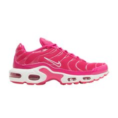 Find NIKE Wmns Air Max Plus 'hot on Editorialist. The Nike women’s Air Max Plus ‘Hot Pink’ transforms the retro runner with a charged infusion of color. A vibrant shade of pink is executed on the mesh upper, accented with tonal TPU overlays inspired by palm trees swaying in the breeze. A pink patent leather mudguard gives way to a contrasting white polyurethane midsole, fitted with pink-tinged Max Air units in the forefoot and heel. A matching pink shank plate, redolent of a whale tail emerging Athletic Fit Pink Sneakers With Boost Midsole, Pink Sporty Sneakers With Athletic Fit, Pink Athletic Sneakers With Boost Midsole, Pink Nike Air Max With Boost Midsole For Streetwear, Nike Sneakers With Air Cushioning For Training, Pink Sneakers With Air Max Cushioning For Errands, Air Cushioned Sneakers For Sports, Pink Athletic Fit Sneakers For Athleisure, Pink Low-top Running Shoes