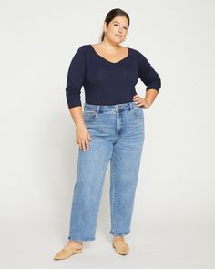 The Etta High Rise Straight Leg Jeans are where vintage and modern styles meet. If you're looking for a classic '90s-inspired straight cut jean, you've found it! We constructed the Etta Jeans for those who have less than a 10" waist-to-hip difference, for a true straight fit through the hip and leg. Made from structured denim that is so deceptively stretchy... you may even forget you're wearing jeans. Designed in aged denim washes that only look better wear after wear - just like your favorite v Puffer Vest Fashion, Athleisure Pants, High Rise Straight Leg Jeans, Universal Standard, Weekend Dresses, Petite Jumpsuit, Straight Cut Jeans, Jeans Fabric, Classic Jeans