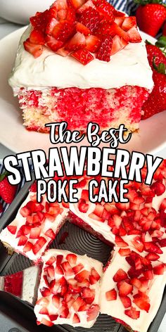 Strawberry poke cake on a white plate top with fresh strawberries. Easy Strawberry Lemon Cake, Strawberry Lemonade Poke Cake, Strawberry Poke Cake Recipe, Jello Poke Cake, Strawberry Poke Cake, Sunday Baking, Strawberry Poke Cakes, Poke Cake Recipe, Jello Cake