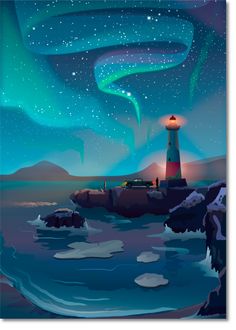 a lighthouse with an aurora light in the sky above it and some clouds floating around