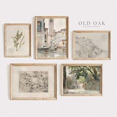 four framed drawings hanging on the wall next to each other with words above them that read old oak