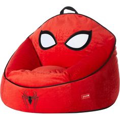 a red bean bag chair with spiderman eyes on the front and black trimmings