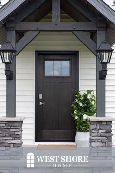 No matter what your motivation is, when choosing new exterior doors for your home, you will have no shortage of options. The three most popular types of exterior door materials are fiberglass, steel, and wood. Not sure which option is right for your home? Read on to learn about the features and benefits of each. Gable Porch, Small Front Porches Designs, Camp Hope, Front Porch Remodel, Step Ideas, Door Overhang, Spec House, Fiberglass Entry Doors